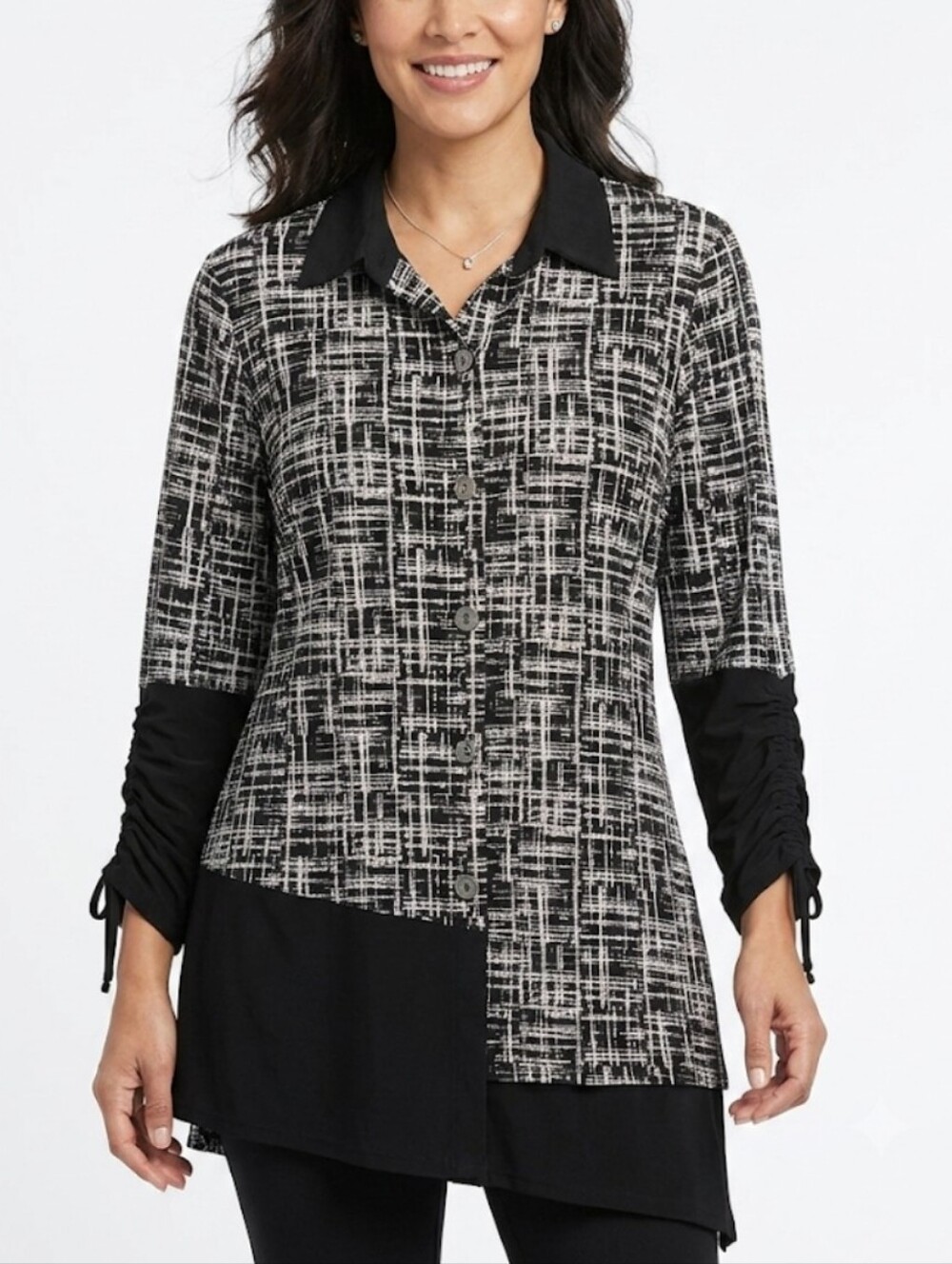 Ali Miles Black and White Textured Button-Front Tunic Size Large Asymmetrical